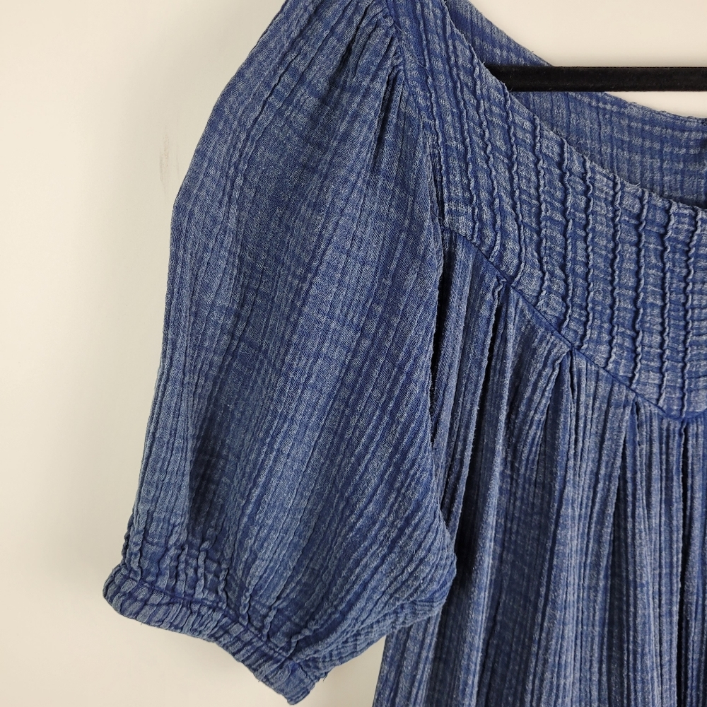 Free People Dress Size S Blue Cotton Gauze Tiered Puff Sleeve Lagen  Boho - Picture 6 of 11